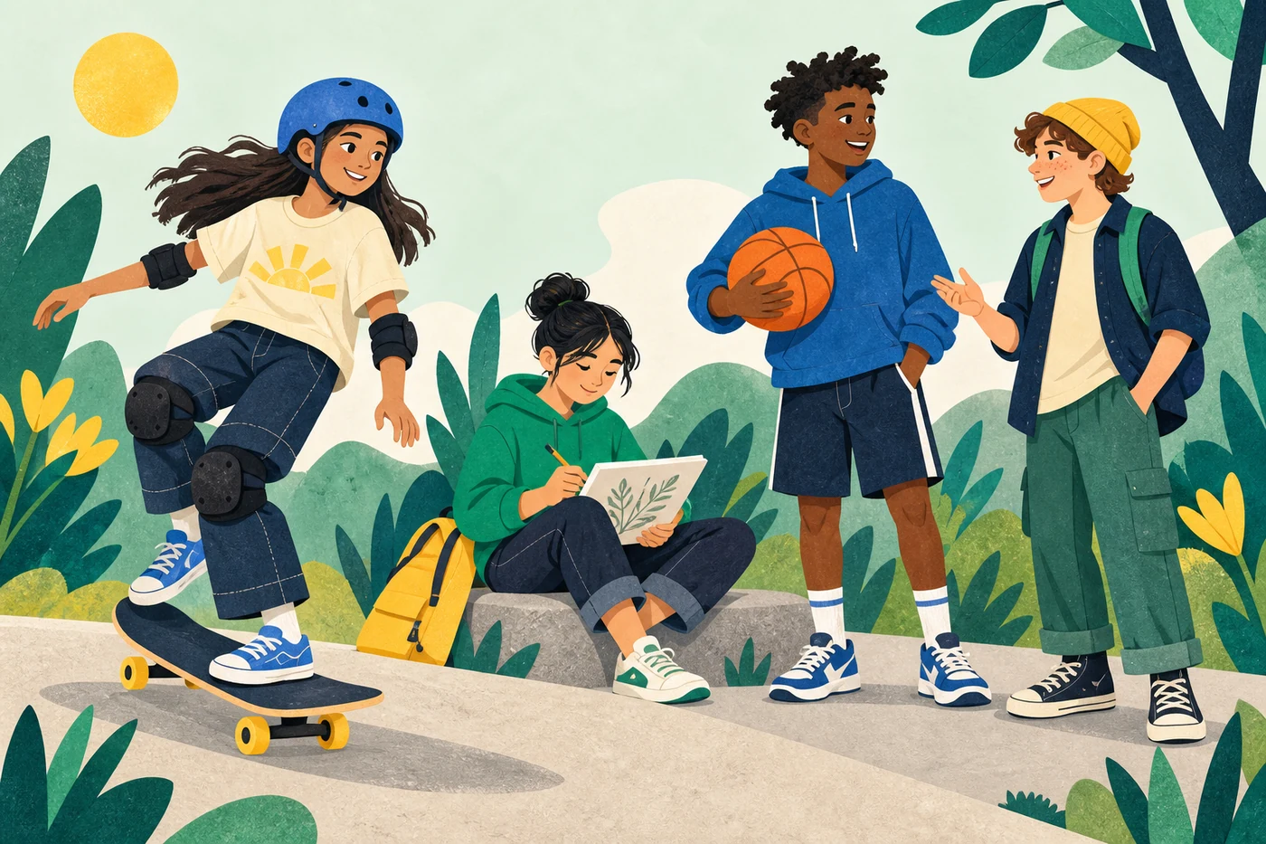Four young people skateboarding, drawing, and chatting with a basketball outdoors.